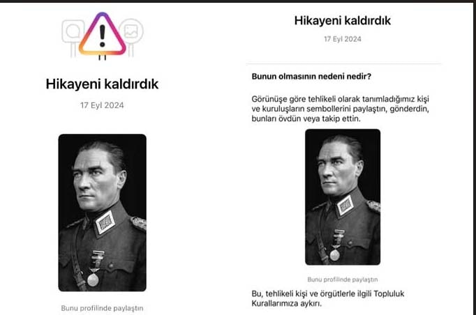 Instagram'dan Atatürk fotoğrafına 'tehlikeli kişi' sansürü