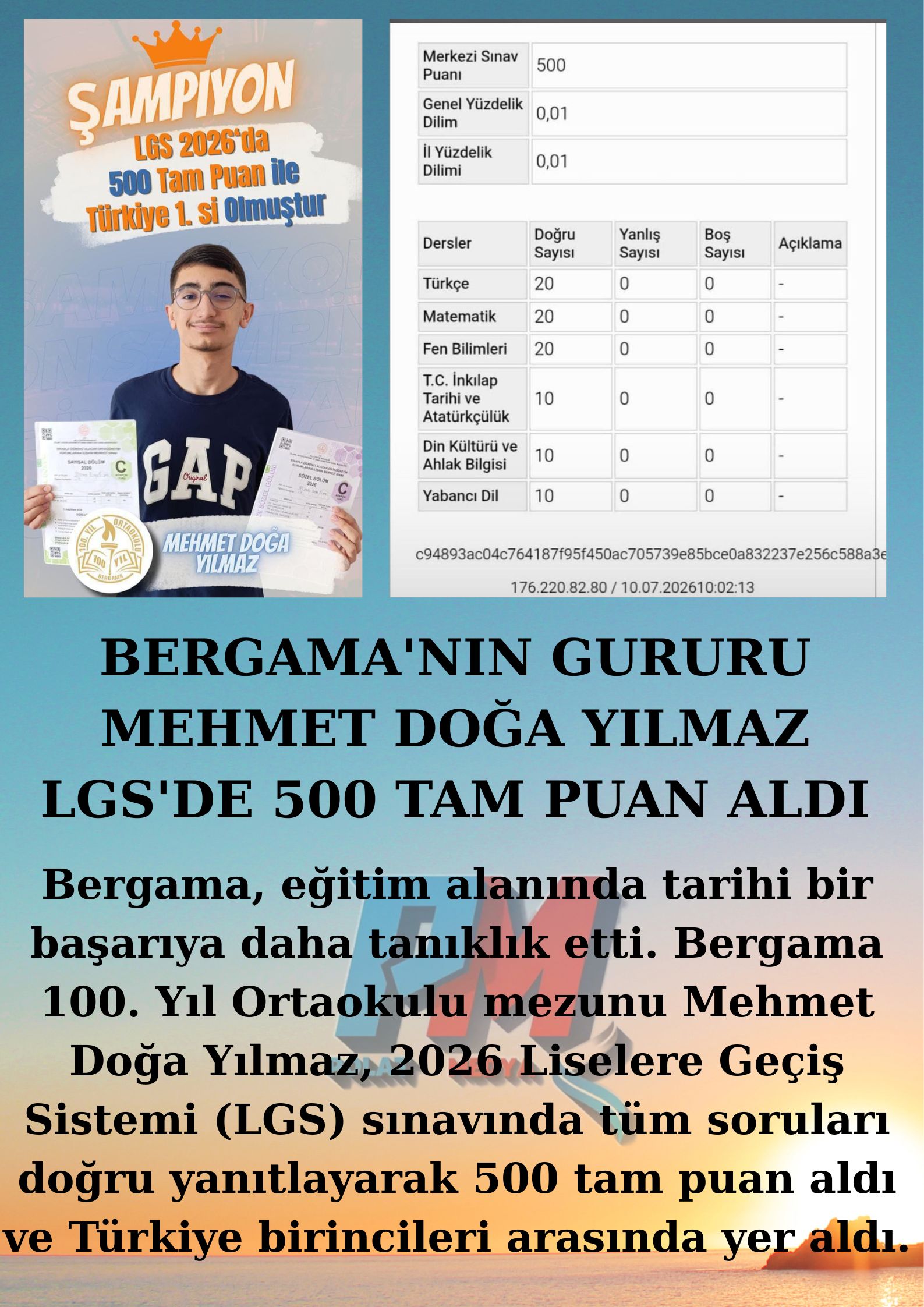 BERGAMA’NIN GURURU MEHMET DOĞA YILMAZ LGS’DE 500 TAM PUAN ALDI