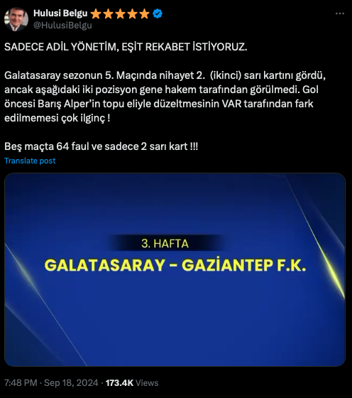 Hulusi Belgü'den derbi öncesi Galatasaray paylaşımı: Adil yönetim, eşit rekabet istiyoruz