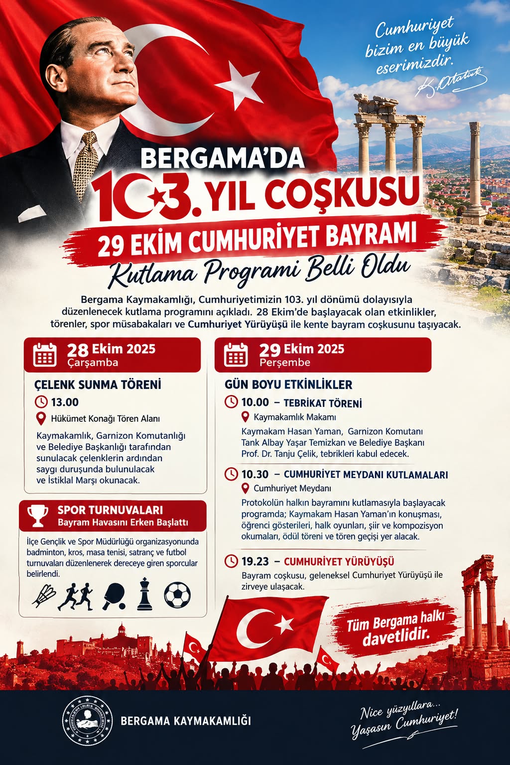 Bergama’da 103. Yıl Coşkusu: 29 Ekim Cumhuriyet Bayramı Kutlama Programı Belli Oldu